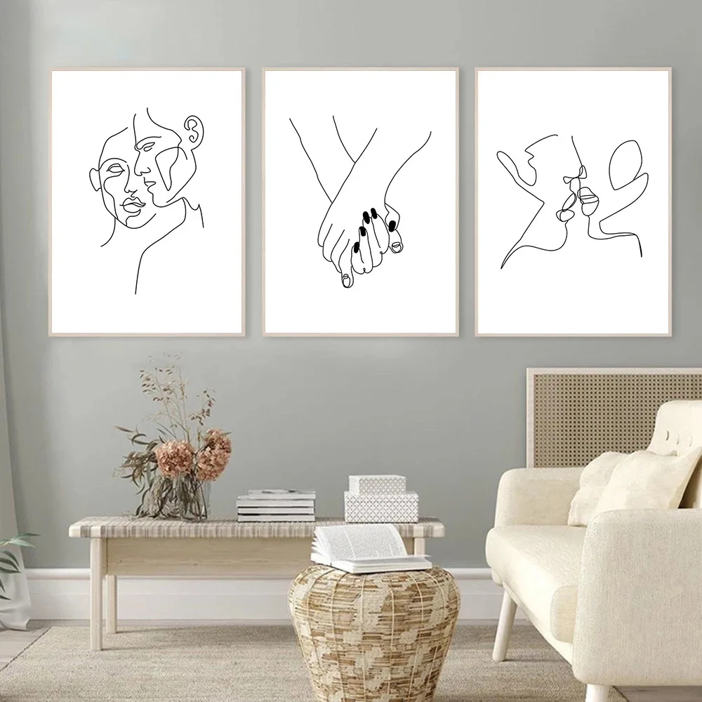 

Couple Kiss Canvas Poster Love Holding Hand Painting Abstract Line Drawing Wall Art Print Minimalist Wall Pictures Home Decor