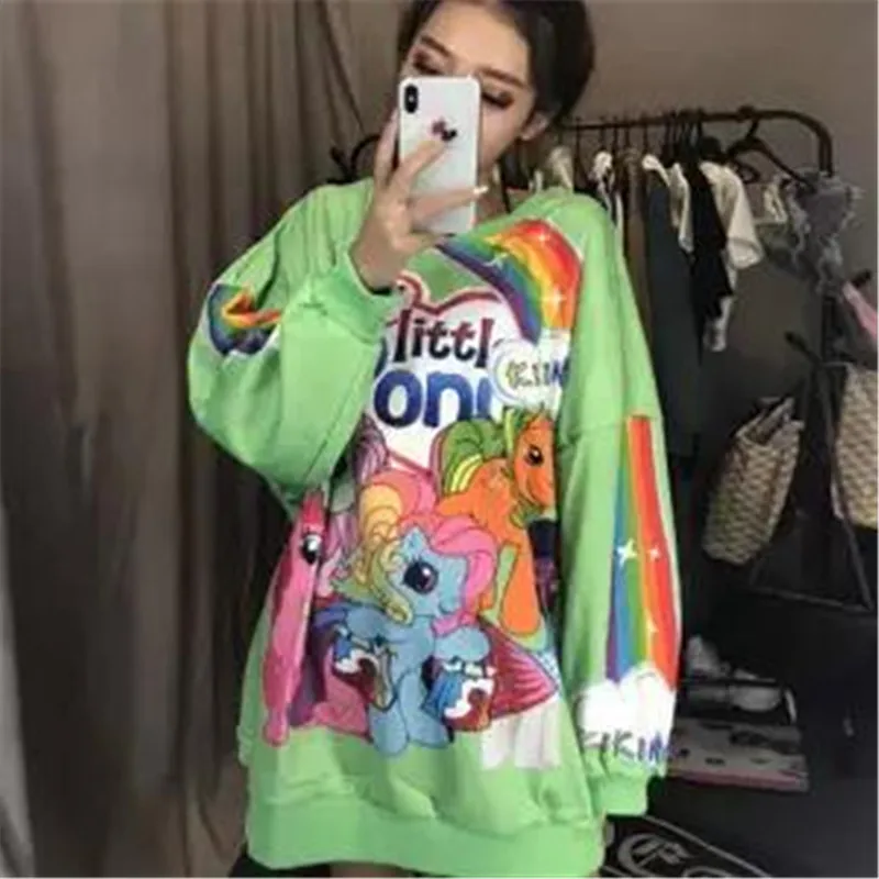 Аниме толстовки женские Kawaii девушки милые женские пуловеры, топы Свободные Мультяшные японские худи женские осенние свободные зеленые толстовки