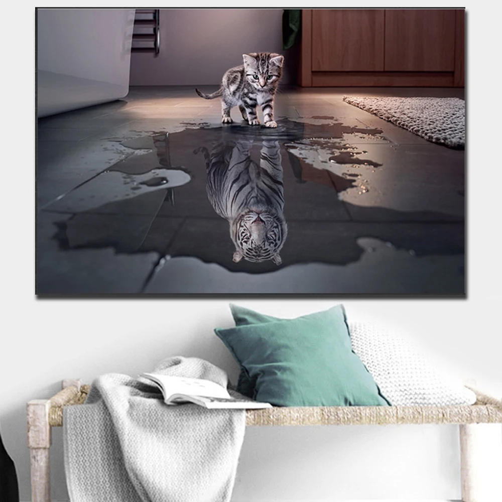 

Modern Creativity Wall Art Poster and Print Tiger and Cat on Canvas Painting Wall Art Picture for Living Room Home Decoration