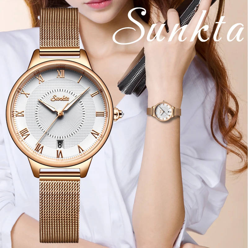 

SUNKTA Women Watches Luxury Brand Rose Gold Womens Watch Mesh Full Steel Quartz Bracelet Watch Girl Clock Relogio Feminino +Box