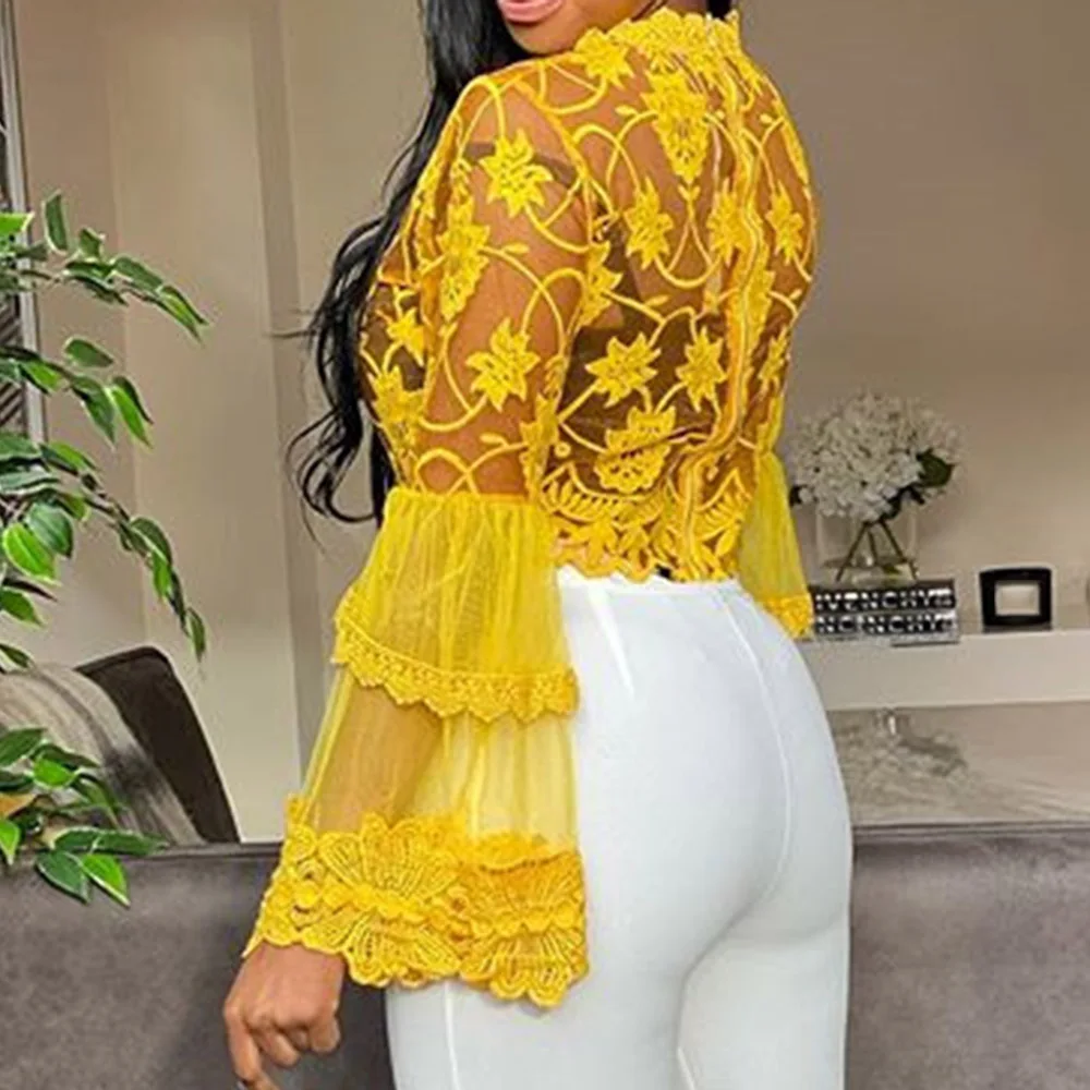 Сексуальная сетчатая желтая блузка прозрачный топ с расширяющимся книзу рукавом