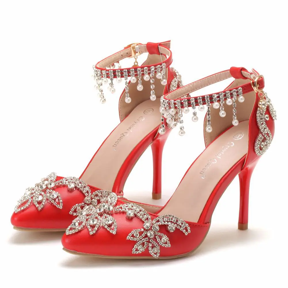 

Summer Autumn Ladies Thin Heels Stiletto Pointed Toe Rhinestone Beaded Tassel Sandals Bridal Wedding Dress Red Women Shoes A0048