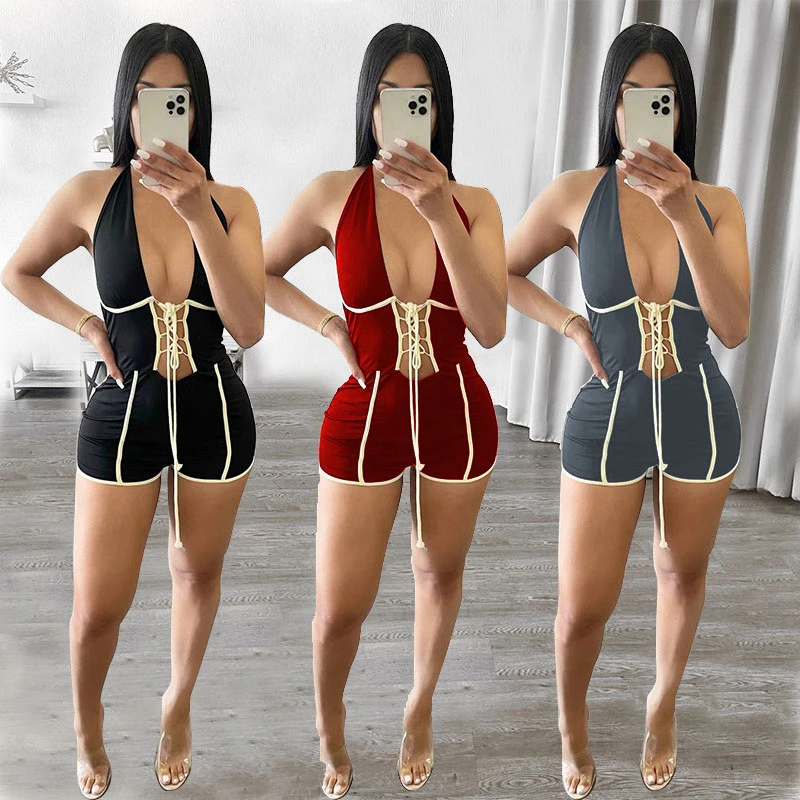 

A&BHelenss Summer 2021 Cross Lace Up Jumpsuits Women Hollow Out Sleeveless Deep V Neck Halter Sexy One Piece Outfit Women Shorts