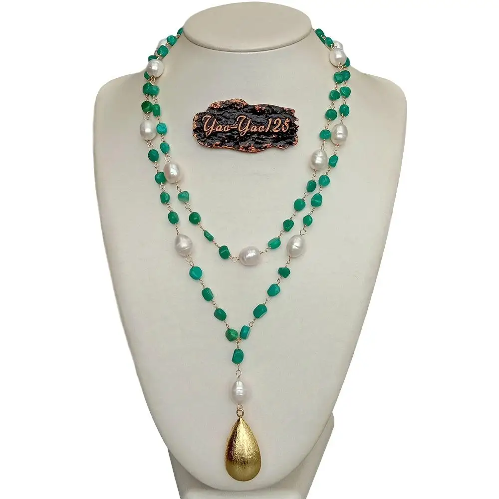 Y·YING Peruvian Amazonite White Rice Pearl sweater chain Necklace Teardrop Brushed Bead Pendant necklace 21&quot for women |