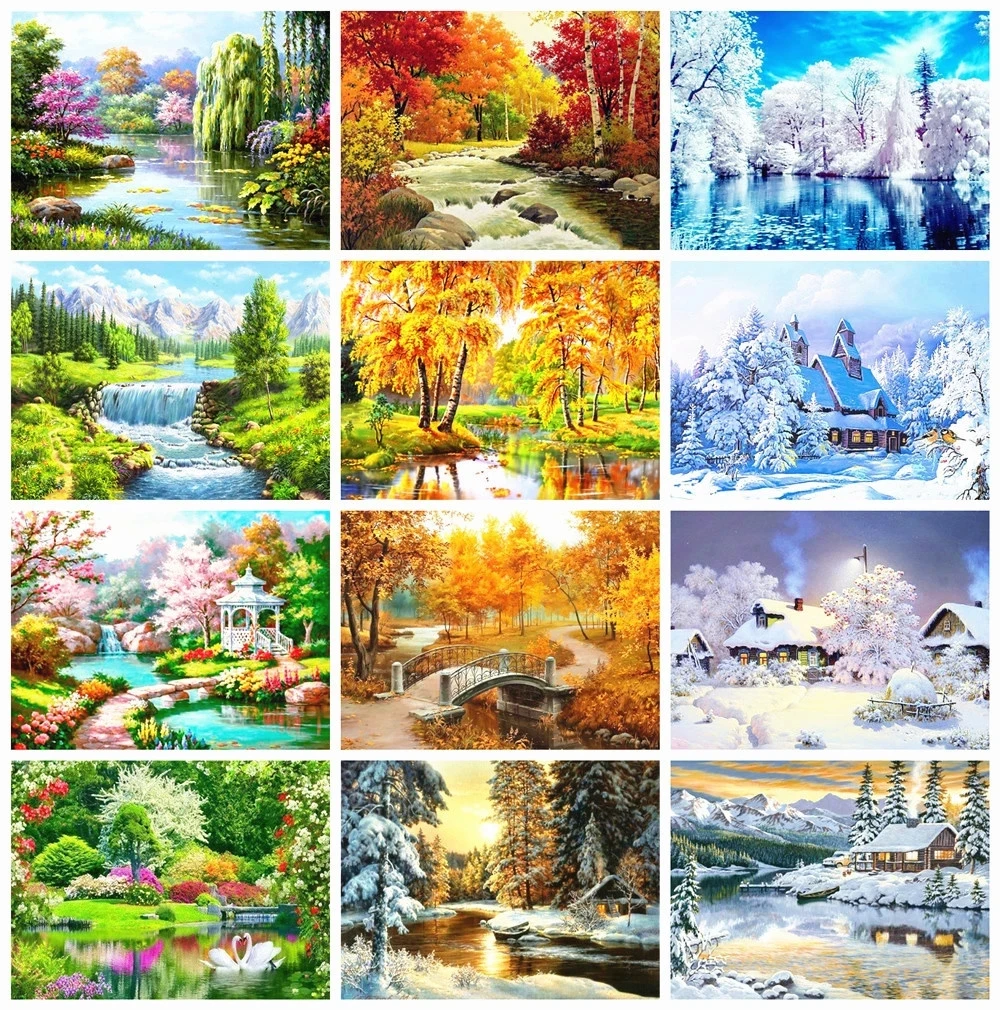 

Full Square & Round Diamond Painting Landscape Spring 5D Diamond Embroidery Mosaic Cross Stitch Winter Home Decor Gift
