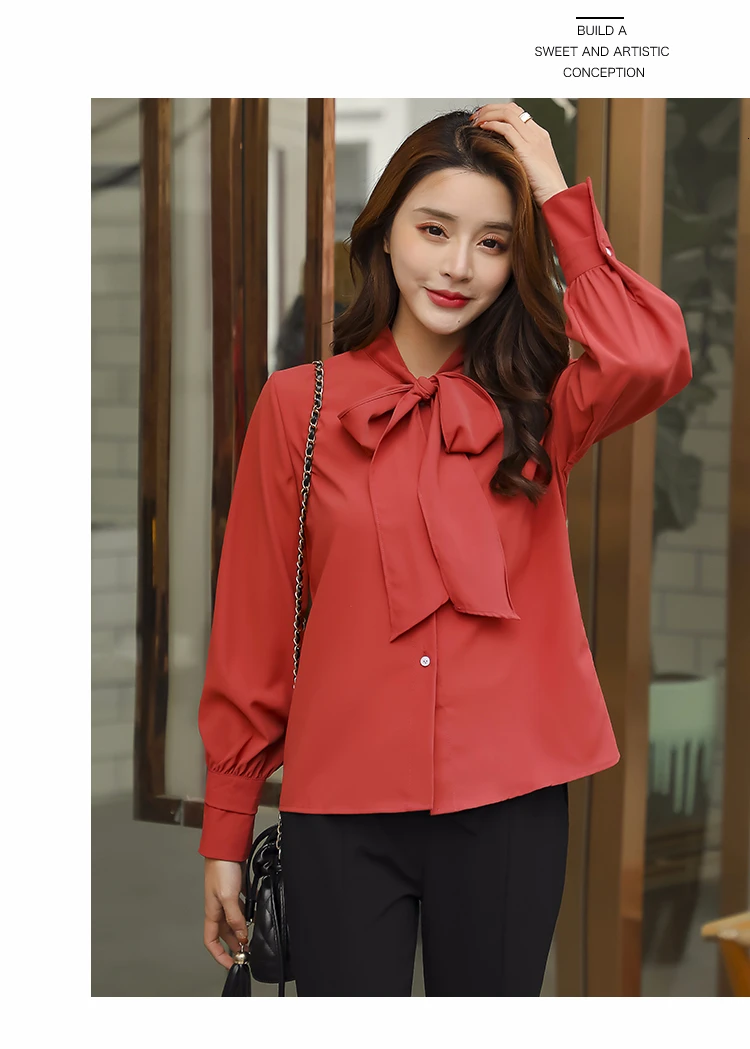 red blouse Женские рубашки для подиума, модные элегантные блузки с длинным рукавом, на шнуровке, с бантом и цветочным принтом, в стиле пэчворк, Женская рабочая одежда, офисные Топы - Цвет: red blouse