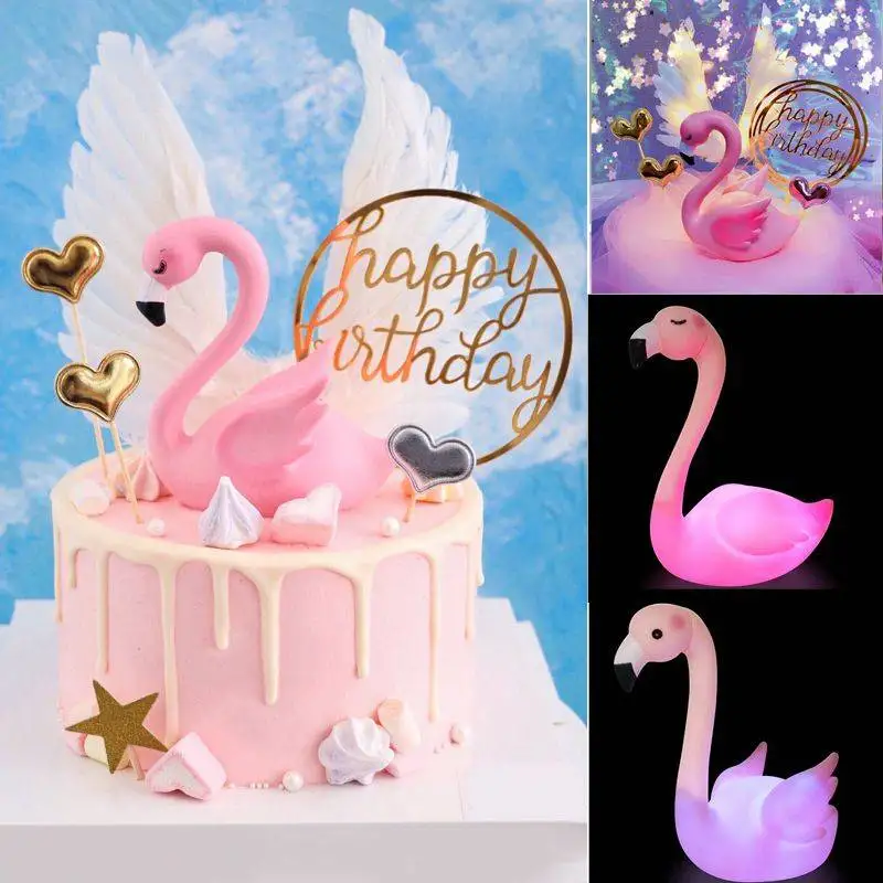 Светодиодный светильник Розовый фламинго торт Топпер украшения С Днем Рождения