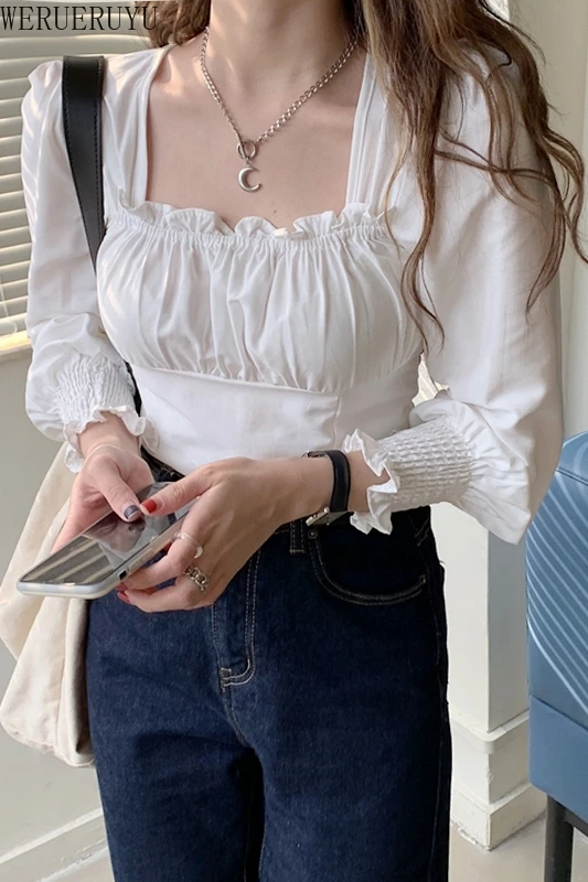 

WERUERUYU White Ruched Long Sleeve Sexy Tshirts Square Collar Autumn Cropped Top Elegant High Street Short Tshirts Casual Women