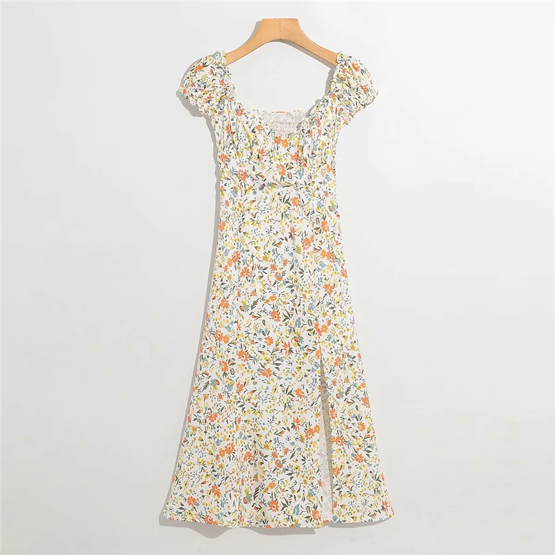

Off Shoulder Print Long Summer Dress Women Boho Side Split Floral Dress 2021 A Line Female French Style Holiday Party Sundress