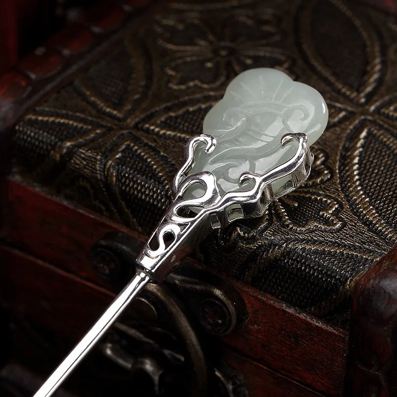 

925 Sterling Silver Hair Stick Jade Auspicious Cloud Chinese Ancient Hanfu Hair Accessory Sticks Women Fine Jewelry Luxury