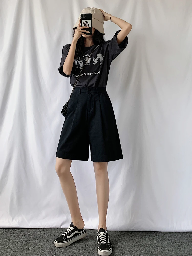 

Fashion Harajuku Plus Size Shorts For Women Summer Loose High Waist Short Femme Cuffs Wide Leg Half Long Cotton Ladies Shorts