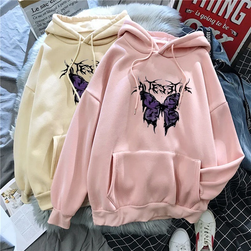 Winter Casual Oversized hoodie Harajuku goth aesthetics Butterfly print Kawaii Streetwear Zipper Y2K Women sweetshirts Loose Top