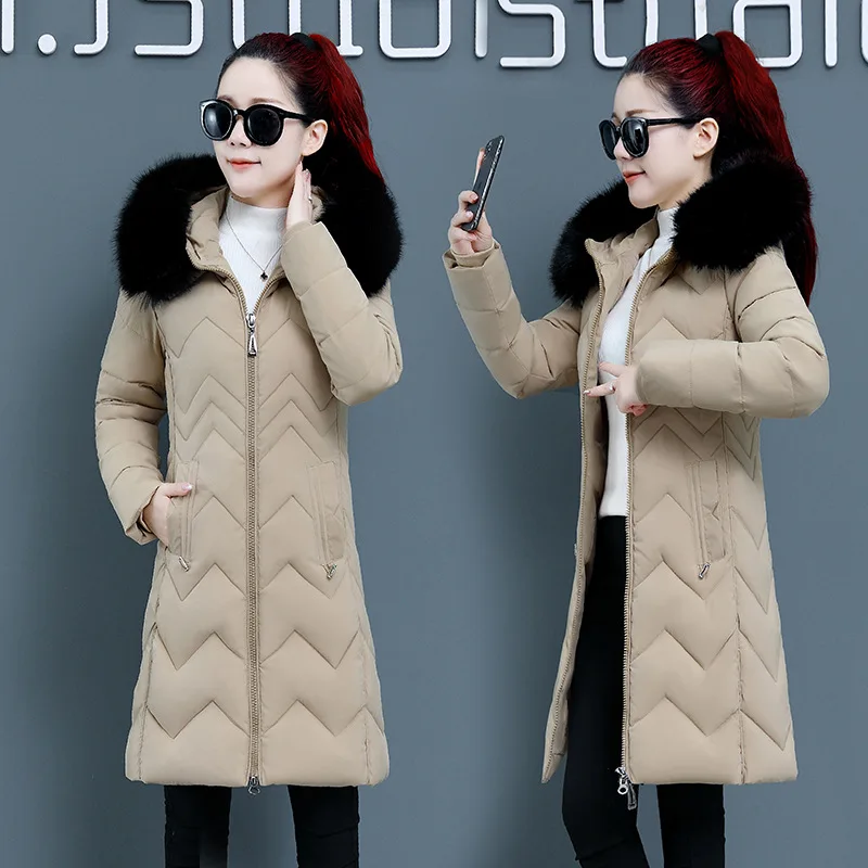 Winter Jacket Women  Korean Version Mid-length Slim Big Fur Collar  Thicken Keep Warm Draw Back Cotton Jacket Coat