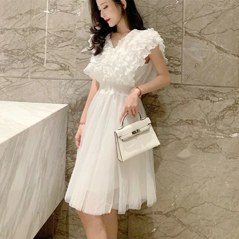 Preppy Style 2020 Summer White Lace Dress Sleeveless V-neck Chiffon Bodycon A-line Formal Party Vestidos | Женская одежда