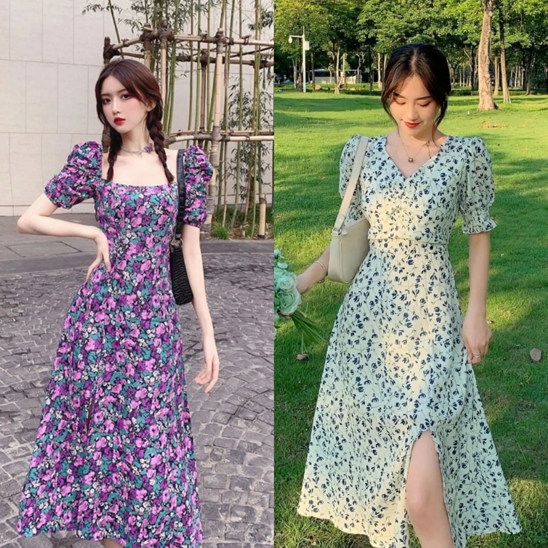 

Large-size Floral Skirt 2021 Summer Korean Version of the Waist Square Neck Puff Sleeve Split Long Skirt fat MM Large Size Dase