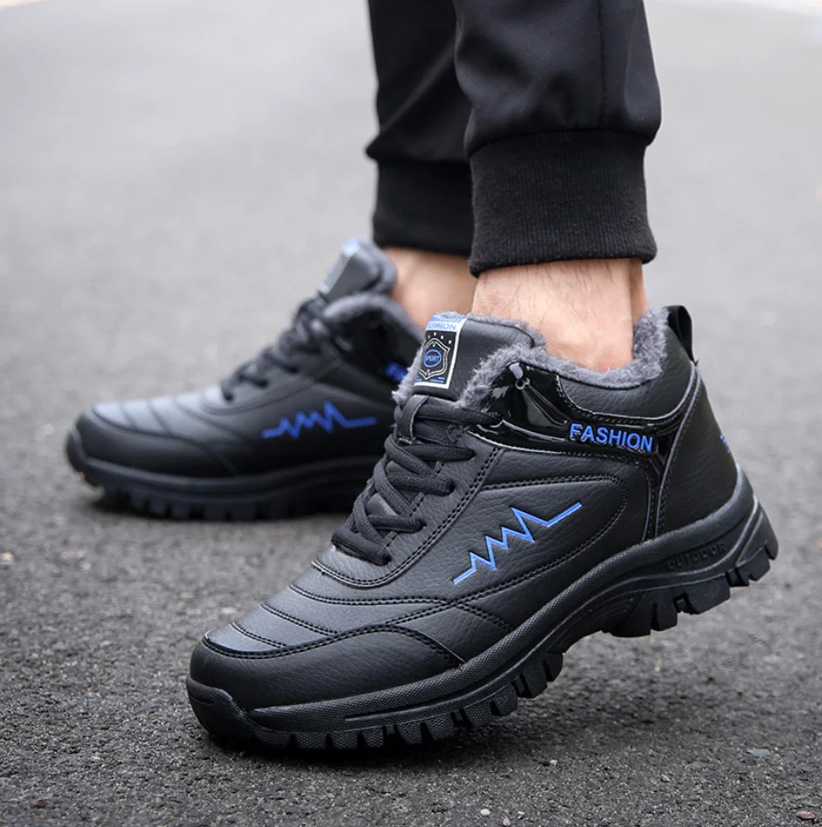 

Мужские теплые кожаные ботинки, темно-синие непромокаемые кроссовки для улицы, Рабочая обувь для походов, размер 38-45, для зимы, 2019