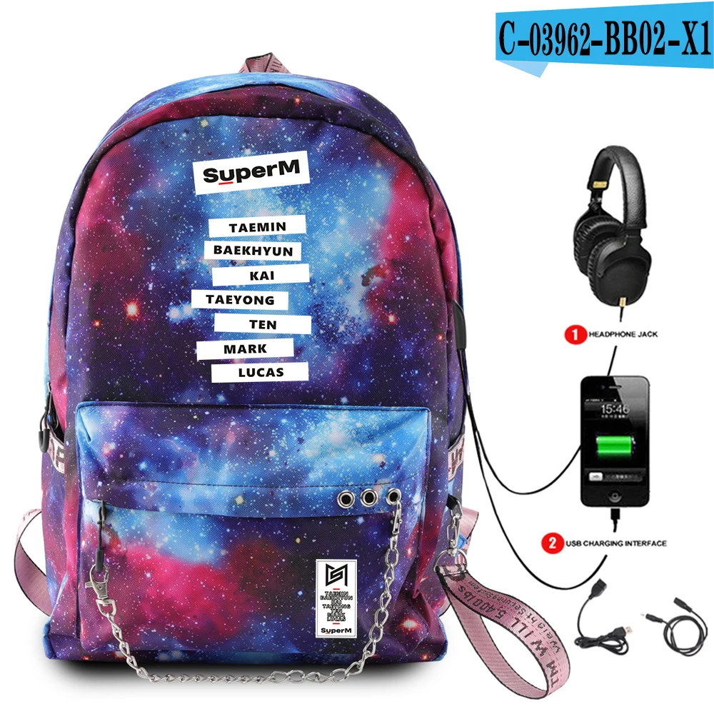 SuperM рюкзак KPOP крутой логотип команды стильный с подвесным орнаментом с USB молнией модный рюкзак для путешествий - Цвет: BB02