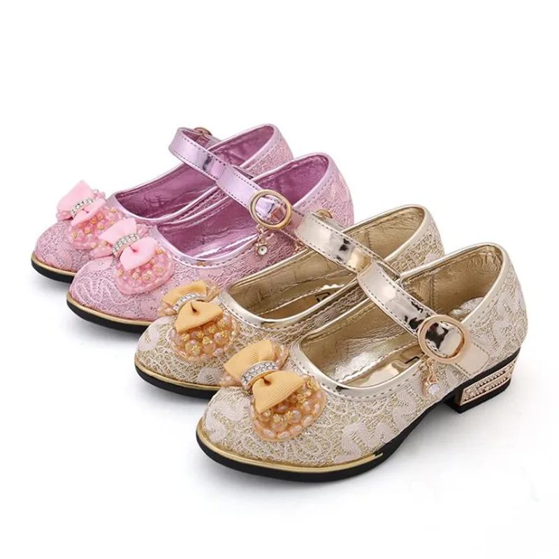 

Children Leather Shoes Fashion Lace Bead Bowtie Low Heel Shoes Spring Kids Girls Princess Performance Shoes Size 26-37