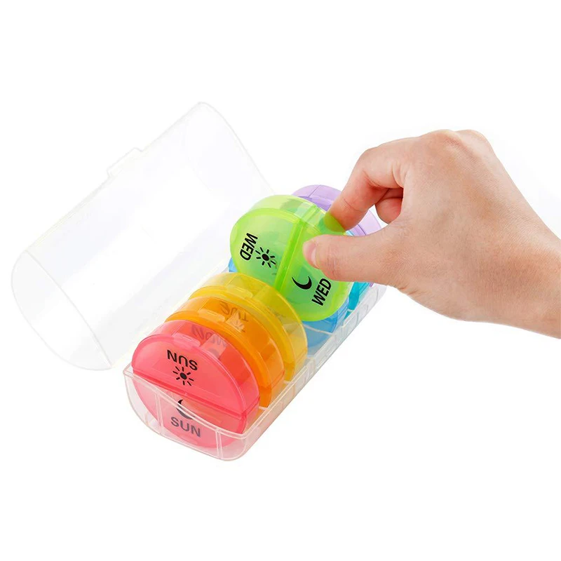 

14 Grids Detachable Pill Box Travel Weekly Rainbow Round Pill Case Portable 7 Days Medicine Tablet Organizer Container Dispenser