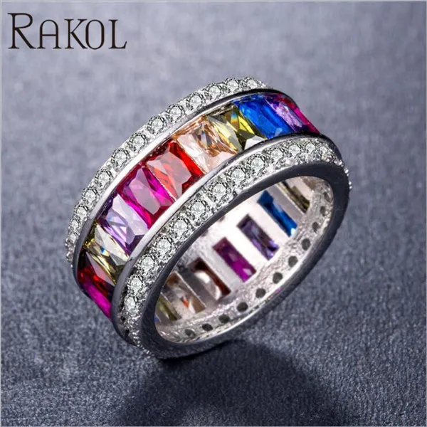 Multicolor RAKOL, новинка, модное, роскошное, очаровательное, AAA, багет, кубический цирконий, обручальное кольцо для женщин, многоцветная, Т-образная форма, Cz камень, вечерние ювелирные изделия - Цвет основного камня: Multicolor