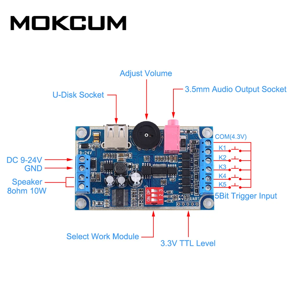 

WAV MP3 Voice Module 3W 10W Sound Player 4M Byte FLASH DC 12V-24V Programmable Control Support TF Card U-Disk
