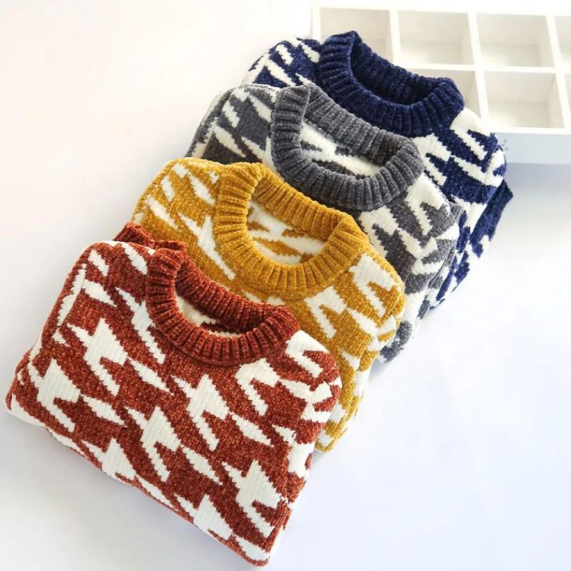 Детские мягкие вязаные свитера из синели трикотажная одежда для мальчиков с