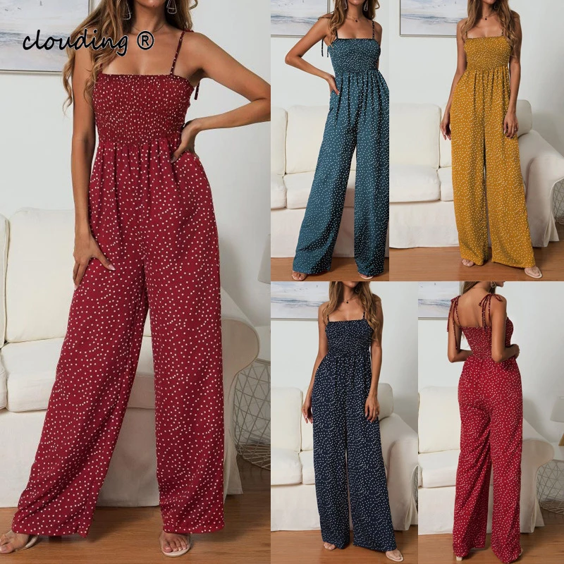 

Женский сексуальный комбинезон в горошек с тонким плечевым ремнем, Летний Пляжный Повседневный длинный комбинезон без рукавов с широкими ш...