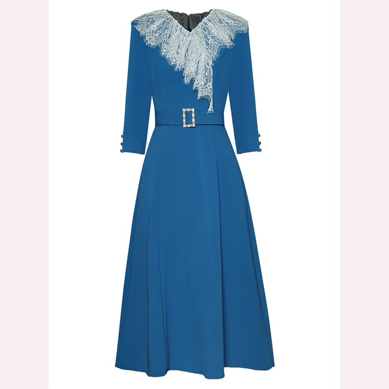 

Newest HIGH QUALITY Fashion 2021 Runway Dress Women's V-Neck Lace Trim Mid-Length Dress