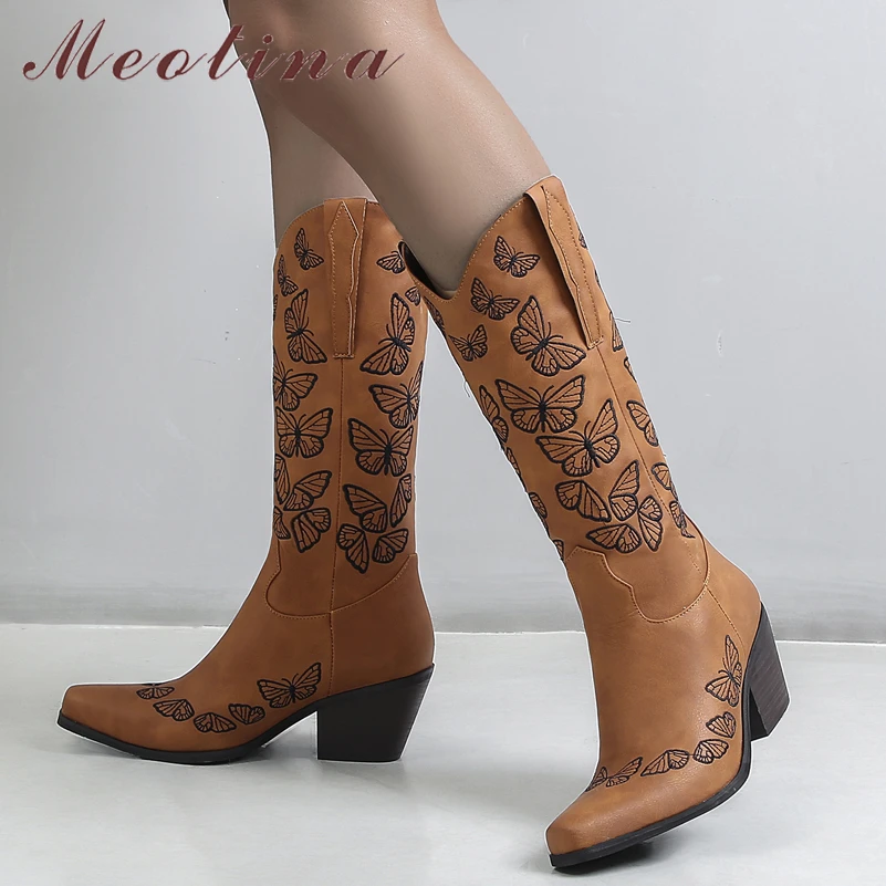 

Meotina Women Western Boots Pointed Toe Shoes Thick High Heel Ladies Med Calf Boots Embroidery Shoes Autumn 43 Yellow Fashion