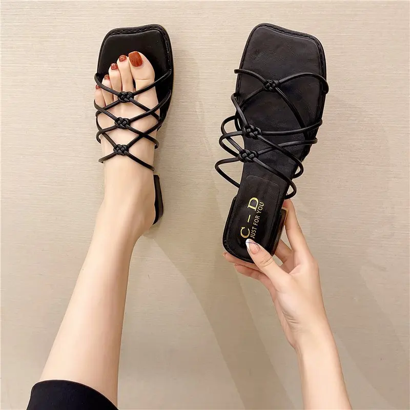 

Cross-Tied Shoes Woman 2021 Slippers Casual Low Pantofle Luxury Soft Summer New Slides Narrow Band PU Rubber Rome Leisure Hoof