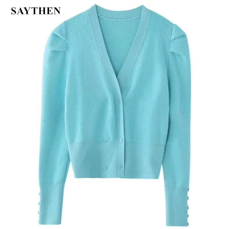 

SAYTHEN Winter New Women Knitwear Coat Korean Puff Long Sleeve V-neck Slim Short Knitted Double Breasted Solid Cardigan Sweater
