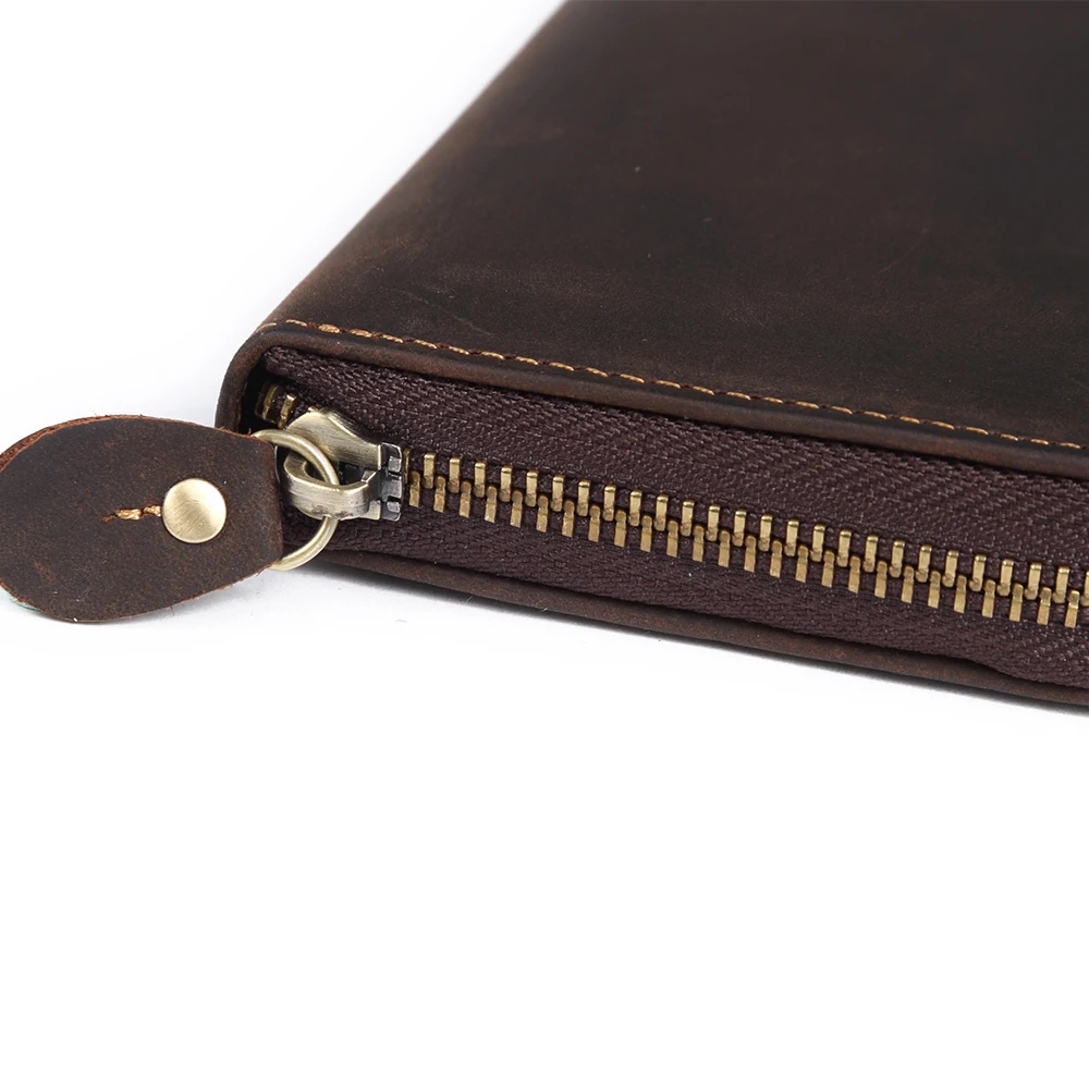 

Men Zip Around Long Wallet Crazy Hourse Cow Leather Purse High-end Male Day Clutch Soft Cards Holder Retro Style Phone Case