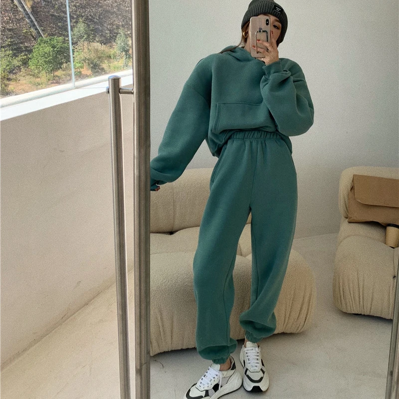 

2021 Spring Women Hoodies Sweatshirt Tracksuit Fleece Cotton 2 Pieces Sets Pants Suits
