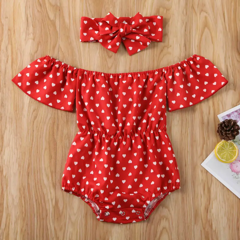 

0-24M Newborn Baby Girls Clothes Set Off Shoulder Dot print Romper Jumpsuit playysuit 2PCS Outfits