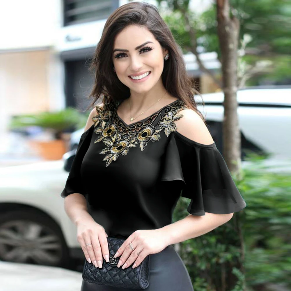 Женская рубашка с V образным вырезом вышивкой|Футболки| |