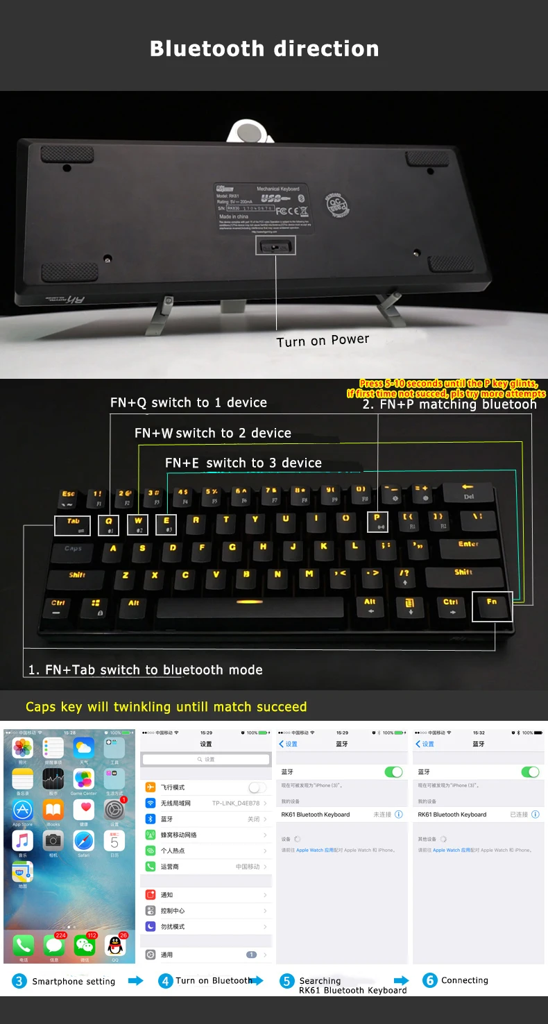 Bluetooth механические игровые клавиатуры Тонкий 61 клавиши RGB с одной подсветкой Подсветка поддержка Wins/Android/iOS