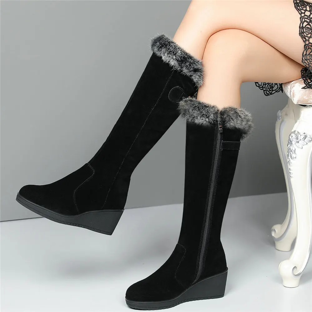 

Women Genuine Leather Wedges High Heel Thigh High Military Boots Female Winter Warm Round Toe Platform Pumps Shoes Casual Shoes