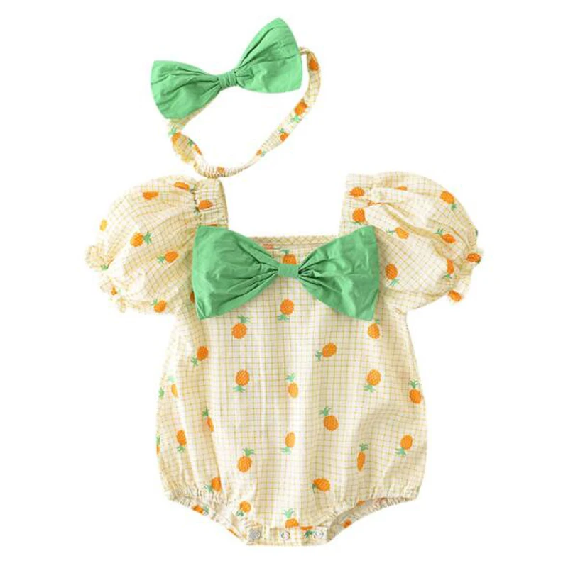 

Cultiseed Summer New Newborn Baby Girls Bow Square Collar Puff Sleeve Cartoon Bodysuits Children Cute Pineapple Print Rompers