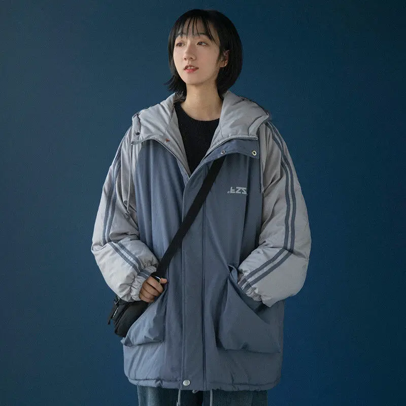 

Parkas Thickening Winter High Quality Detachable Hat Korean Loose Large Faux Fur Collar Patchwork Cotton Coat