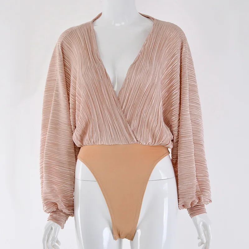 

Girl Elegant Pleated Body Suit One-Piece Office Shapewear New Retro Sexy Fashion Deep V-neck Long Bat Sleeve Tights for Women