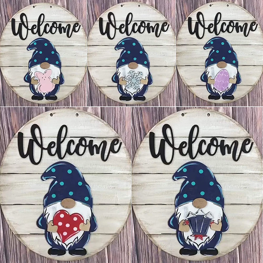 

Gnome Door Hanger Seasonal Welcome Sign with Interchangeable Holiday Pieces for Front Door Porch Hanging Handmade REME88