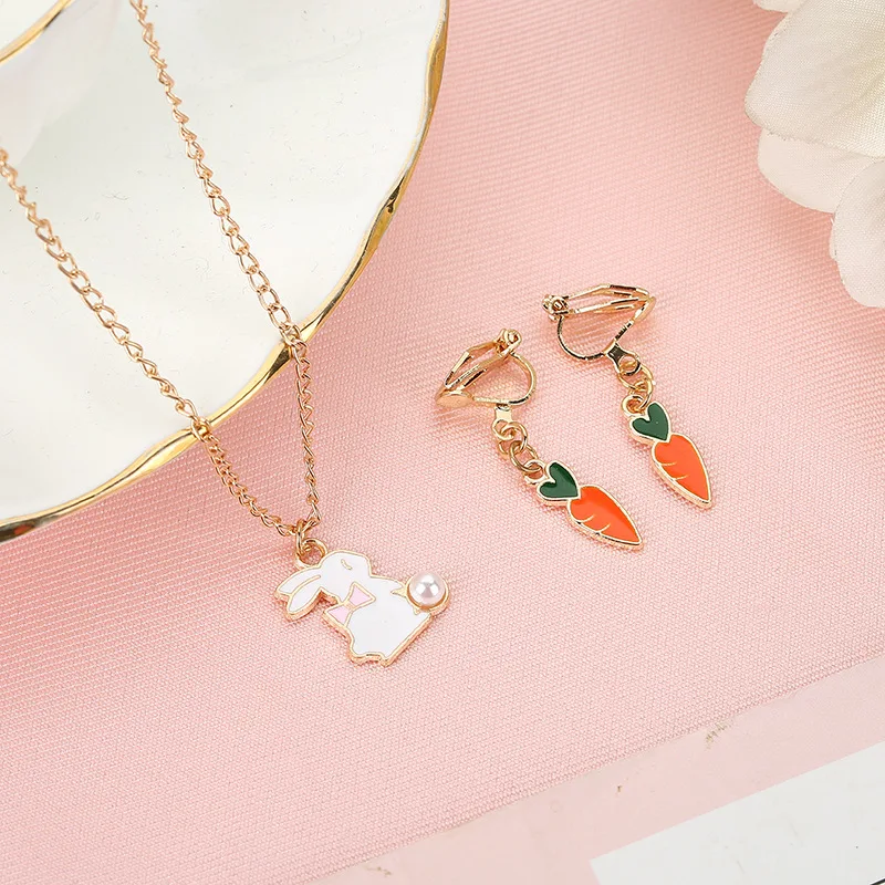 

Korean version of sweet popular children's necklace ear clip jewelry Rainbow Fruit animal pendant earrings earrings set