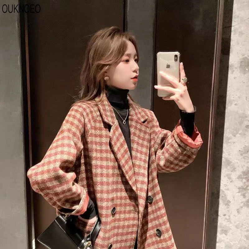 

Woman Long Coat Retro Plaid Commuter Blazer Korean Plus Size Loose Fashion Windbreaker Keeps Warm Winter Cotton Women Long Coat