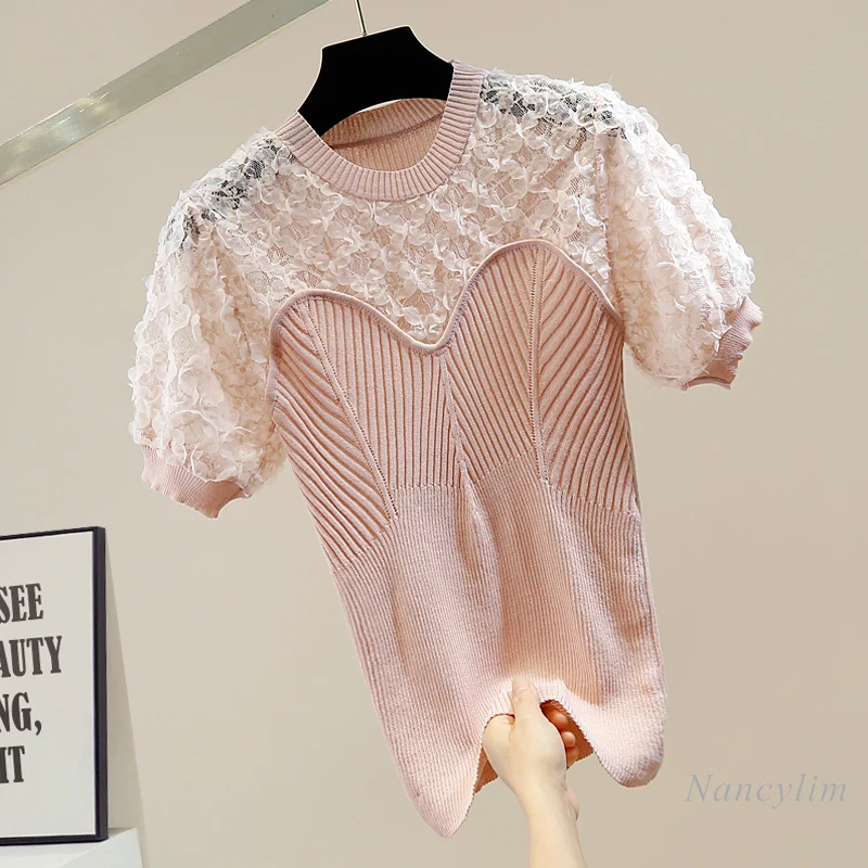 

Sweet Flower Lace Stitching Slim Fit Thin Ice Silk Knitted T Shirt for Women Elegant Ladies Chic Top White Black Pink Summer