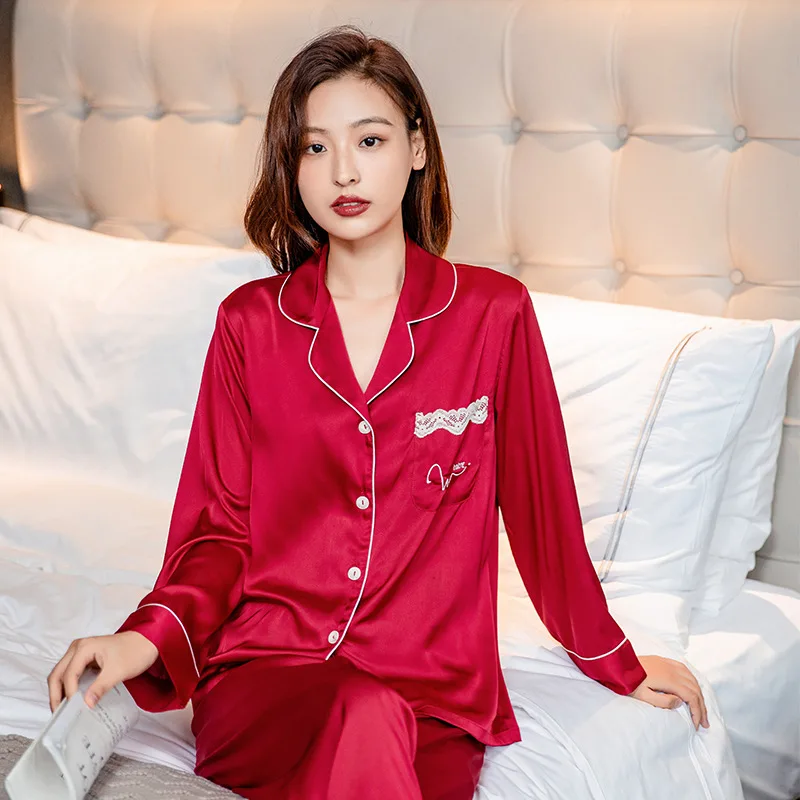 

Pajamas Set Lady 2PCS Sleepwear Casual Satin Shirt&Pants Home Clothes Soft Intimate Lingerie Silky Lace Pijamas Nightwear