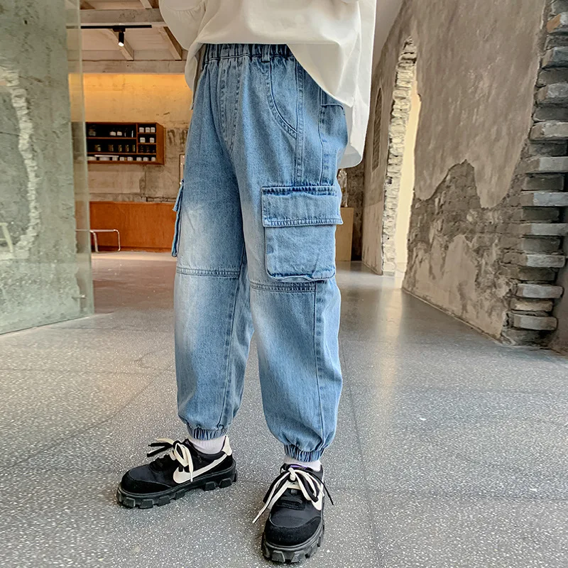 

Джинсовые брюки для мальчиков, простые Капри, детская одежда для школы и занятий на свежем воздухе, повседневные Формальные штаны для бега, ...