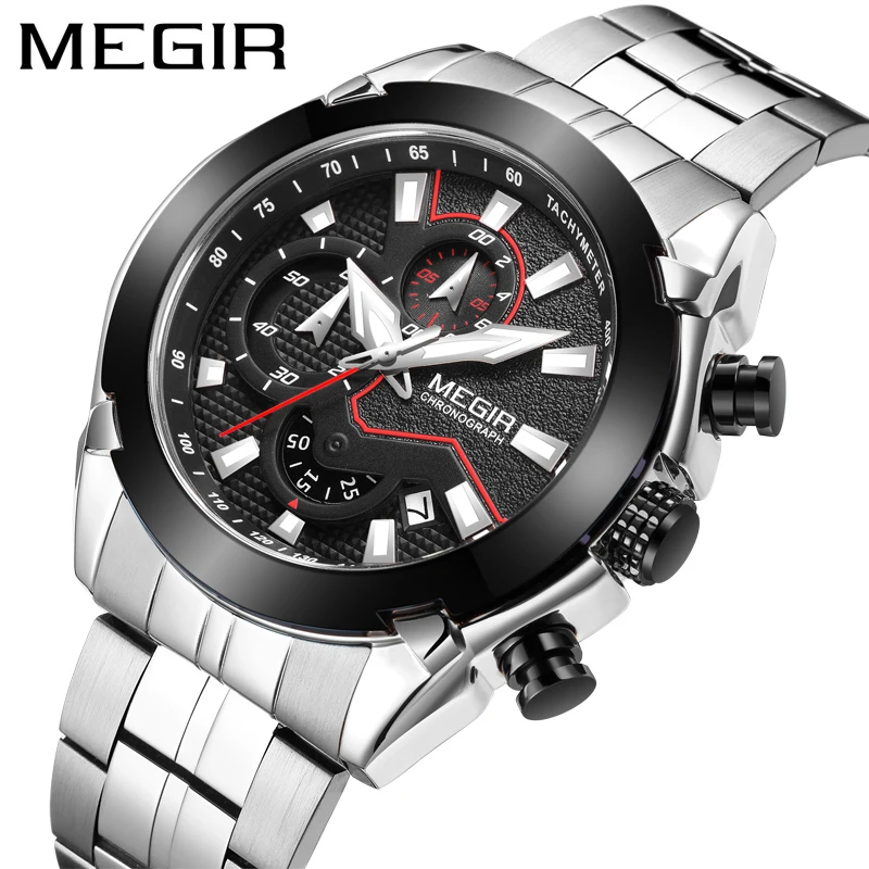 

MEGIR Brand Hot Sale Stainless Steel Waterproof Sports Quartz Watches Men's Chronograph Calendar Luminous Hands Men Wristwatch