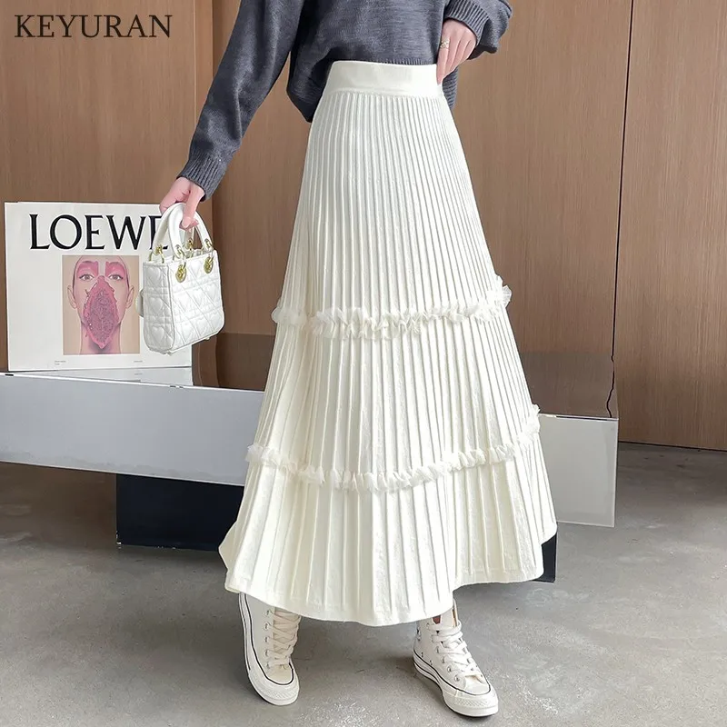 2021 Autumn Winter Women Knitted Skirt Korean Casual Ruffles Solid Gray A Line High Waist Pleated Midi Long Female Ladies | Женская