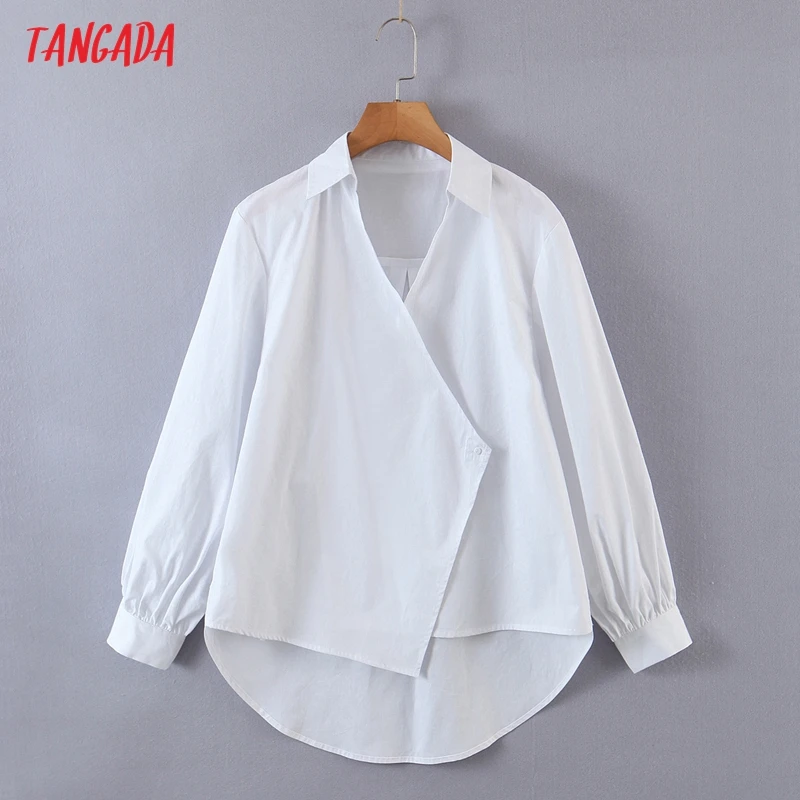 

Tangada 2021 Autumn Women White Loose Shirt Blouse Long Sleeve Chic Female Office Lady Tops SL409