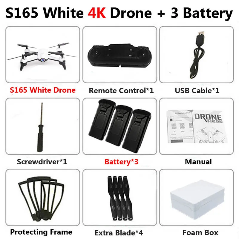 S165 4K White 3B S165 Профессиональный WiFi FPV Дрон с двойной камерой 4K антенна видео широкоугольный оптический поток RC Квадрокоптер Вертолет игрушка E58 SG106 - Цвет: S165 4K White 3B